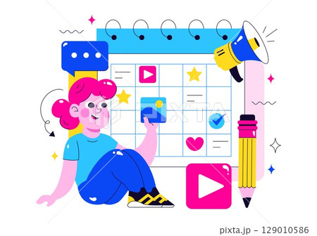 Social Media Content Planning Illustration Featuring People Making Notes on the Calendar with Scheduling Posts and Media Plan for Promotion Marketing 129010586