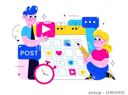Social Media Content Planning Illustration Featuring People Making Notes on the Calendar with Scheduling Posts and Media Plan for Promotion Marketing 129010591