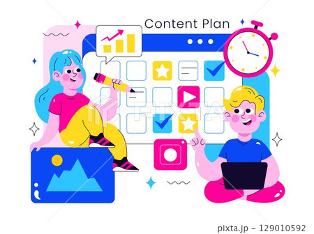 Social Media Content Planning Illustration Featuring People Making Notes on the Calendar with Scheduling Posts and Media Plan for Promotion Marketing Social Media Content Planning Illustration Featuring People Making Notes on the Calendar with Scheduling Posts and Media Plan for Promotion Marketing 129010592