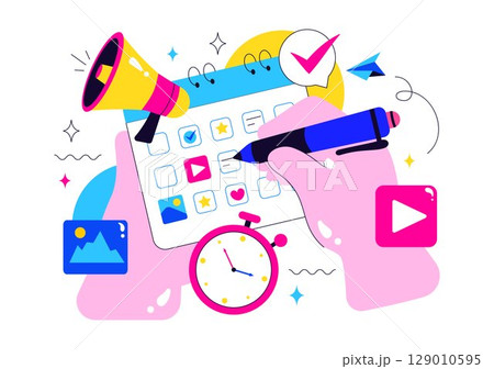 Social Media Content Planning Illustration Featuring People Making Notes on the Calendar with Scheduling Posts and Media Plan for Promotion Marketing 129010595