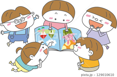 絵本を囲んで楽しむ子どもたち|保育・教育・子育て支援素材 絵本を囲んで楽しむ子どもたち|保育・教育・子育て支援素材 129010610