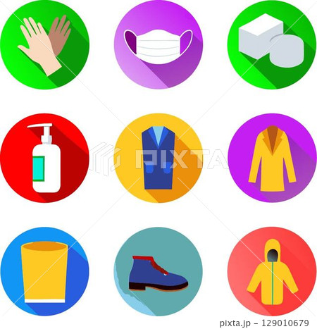 collection of safety and hygiene icons including gloves, mask, soap, and clothing 129010679