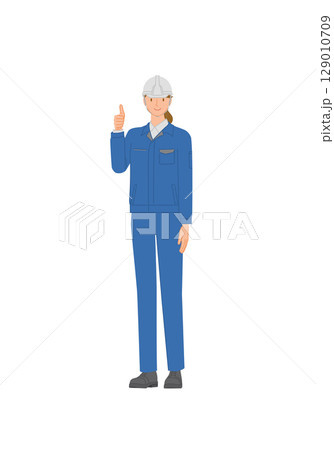 ビジネスイメージ:作業服とヘルメットを身に付けた笑顔の若い女性:グッドサイン ビジネスイメージ:作業服とヘルメットを身に付けた笑顔の若い女性:グッドサイン 129010709