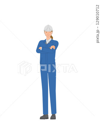 ビジネスイメージ：作業服とヘルメットを身に付けた笑顔の若い女性：腕組み 129010712