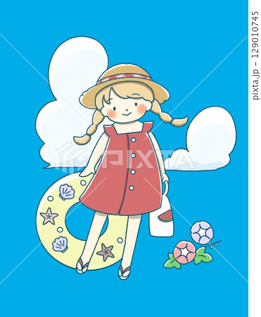 夏空の下、プールへ向かう麦わら帽子の女の子 夏空の下、プールへ向かう麦わら帽子の女の子 129010745