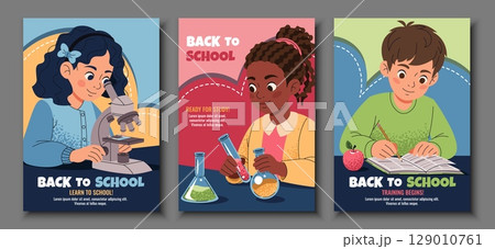 Kids Learning Activities. School Education Poster Set. Diverse Children Studying, are engaged in science and Writing. Flat Vector Illustrations for Teachers, school, E-Learning and Parenting Resources 129010761