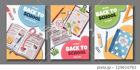 Back to School Poster Set. Flat Design banners with Notebooks, Pens, Markers. Ideal for Educational Campaigns, Classroom Decor, Social Media, E-learning and Student Organization Projects 129010762