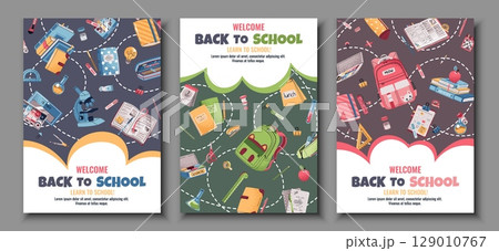 Back to School Poster Set. Banners with Backpack, Stationery and school supplies in Flat Design. Perfect for Educational Branding, Ads, online Learning and school Decor. Template for flyer, invitation 129010767