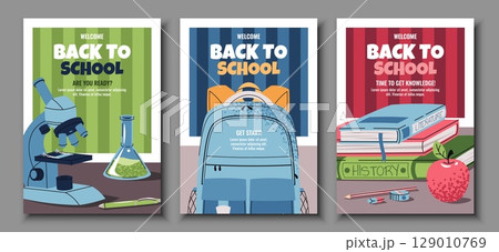Back to school poster set. Flat Design banners with Backpack, microscope, stack of books on a striped background. Vector Illustration Pack for Teachers, E-Learning, online school, invitation, ads Back to school poster set. Flat Design banners with Backpack, microscope, stack of books on a striped background. Vector Illustration Pack for Teachers, E-Learning, online school, invitation, ads 129010769