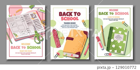 Back to School Poster Set with Open Books, Pens, Markers and Notebook in Flat Design. Ideal for Education, Classroom Decor, online Learning and Student Organization Projects. Cover for banner, flyer Back to School Poster Set with Open Books, Pens, Markers and Notebook in Flat Design. Ideal for Education, Classroom Decor, online Learning and Student Organization Projects. Cover for banner, flyer 129010772
