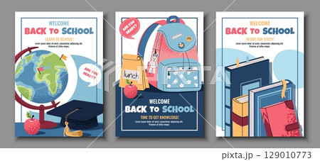 Back to school poster set. Flat Design banners with Backpack, globe, stack of books. Vector Illustration Pack for Teachers, online school, ads, Classroom Decoration, Homeschooling, Bulletin Boards 129010773