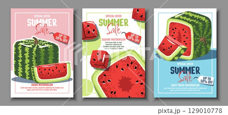 Square Watermelon Promo Posters Set, Flat Design. Unique Fruit Sale Templates for Summer sales, Grocery Marketing, Social Media Ads. Perfect for Asian Markets, Supermarkets, Fruit Shops. Square Watermelon Promo Posters Set, Flat Design. Unique Fruit Sale Templates for Summer sales, Grocery Marketing, Social Media Ads. Perfect for Asian Markets, Supermarkets, Fruit Shops. 129010778