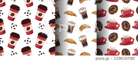 Coffee and Dessert Seamless Pattern Set with Flat Design. Ideal for Beverage Branding, Bakery Packaging, Social Media Graphics, Website Backgrounds and Print Projects. Texture for fabric, wallpaper 129010780