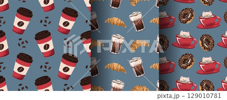 Coffee and Dessert Seamless Pattern Set with Flat Design. Ideal for Beverage Branding, Bakery Packaging, Social Media Graphics, Website Backgrounds and Print Projects. Texture for fabric, wallpaper 129010781