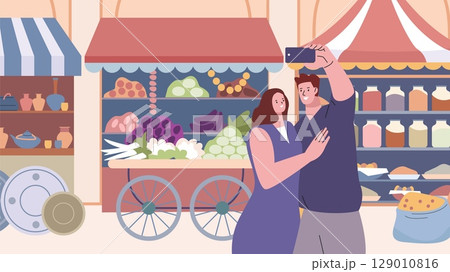Vacation vibes. Couple doing selfie on arabian style market. Weekend market in city, tourism, leisure outside together. Cartoon characters vector scene 129010816