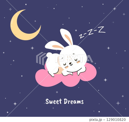 Sweet dreams card. Cute little bunny sleep on cloud in starry sky. Moonlight at night, bed dreamtime. Childish poster with animal, vector concept 129010820