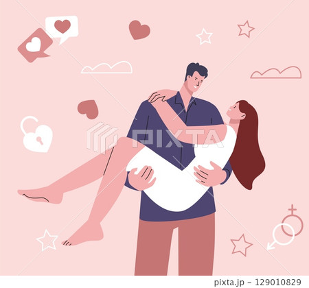Romantic concept with couple in love. Man holding woman on hands. Dating, romance, family relationship. Young adults, hearts, speech bubbles, vector scene 129010829