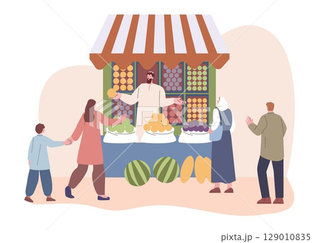 People buy fruits and vegetables from street vendor. Arabian style market stall, vacation or tourism characters. Seasonal sweet food, vector scene 129010835