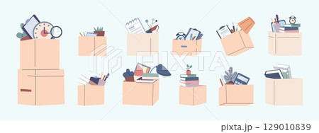 Paper boxes different rotations with things. Office or home accessories, folders with documents, books. Student or worker moving, vector set 129010839