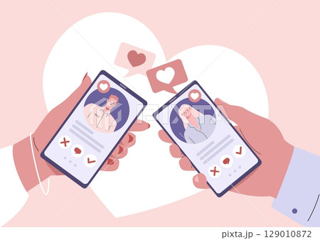 Dating app full match. Online communication with partner. Long distance romantic relationship and messaging in messenger, vector concept 129010872