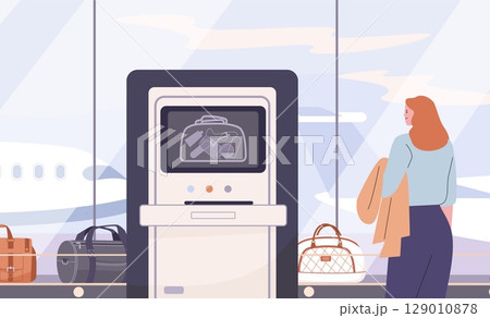 Airport x ray baggage security. Woman waiting bags near belt conveyor, baggage claim in terminal. Travel, vacation or business trip, before flight vector scene 129010878