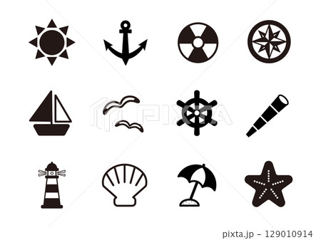 マリンモチーフのアイコンセット（モノクロ） 129010914