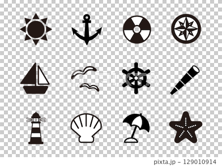 マリンモチーフのアイコンセット（モノクロ） 129010914