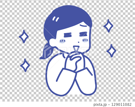 A young woman in casual clothes who is happy with her hands clasped (upper body, line drawing) A young woman in casual clothes who is happy with her hands clasped (upper body, line drawing) 129011082