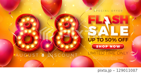 Flash Sale Shopping Day Banner Design with 3d 8.8 Light Bulb Billboard Number and Party Balloon on Sun Yellow Background. Vector 8 August Special Offer Illustration for Coupon, Voucher, Flyer 129011087