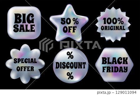 3d holographic Retro stickers set. Gradient Chrome Sale, Black Friday and Discount emblems. Holography labels mockup and metal badges of various shapes. Vector Illustration isolated on Black. 129011094