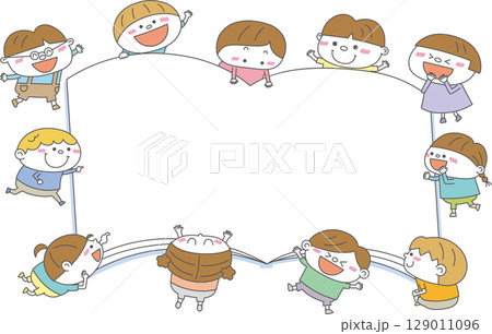 本を囲む子どもたちのフレームイラスト｜読書・保育・子育て支援（ベクター） 129011096