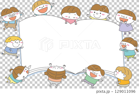 本を囲む子どもたちのフレームイラスト｜読書・保育・子育て支援（ベクター） 129011096