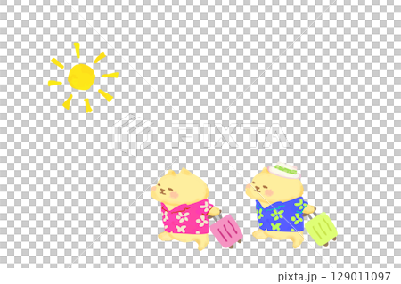 Summer resort trip: Watercolor illustration of a cute cat wearing an aloha shirt Summer resort trip: Watercolor illustration of a cute cat wearing an aloha shirt 129011097
