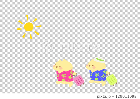 夏季度假之旅 — — 手繪插圖一隻戴著太陽和夏威夷襯衫的可愛貓咪 夏季度假之旅 — — 手繪插圖一隻戴著太陽和夏威夷襯衫的可愛貓咪 129011098
