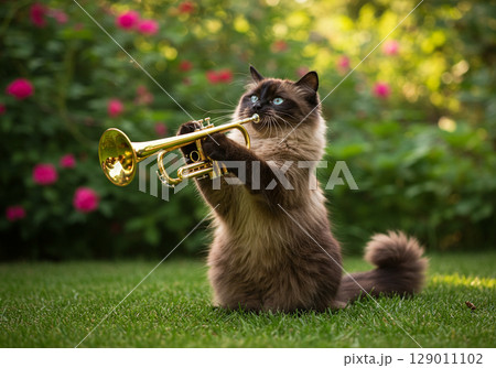 真剣な表情でトランペットを吹く長毛猫と春の花の背景 129011102