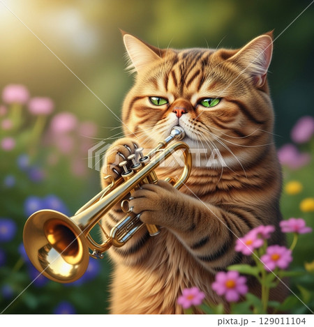 真剣な表情でトランペットを吹く長毛猫と春の花の背景 129011104
