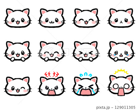 かわいい白猫の喜怒哀楽顏アイコンイラストセット 129011305