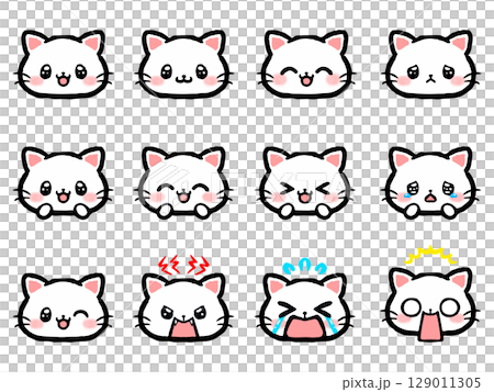 かわいい白猫の喜怒哀楽顏アイコンイラストセット 129011305