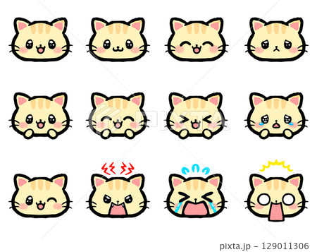 かわいいトラ猫の喜怒哀楽顏アイコンイラストセット 129011306