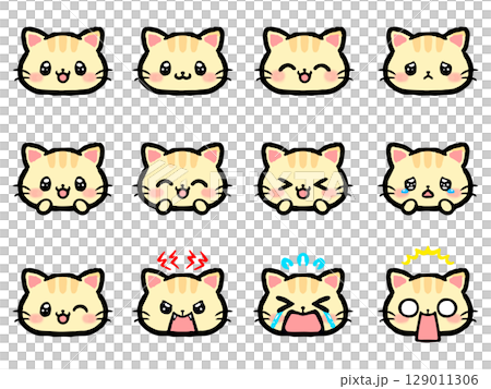 かわいいトラ猫の喜怒哀楽顏アイコンイラストセット 129011306