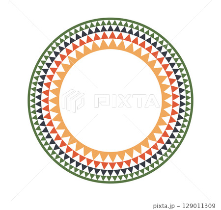 African pattern circle frame. Mexican ethnic motif border. Triangular ornament round frame. Sun stamp. African ethnic culture ornament Vector illustration isolated on white background 129011309