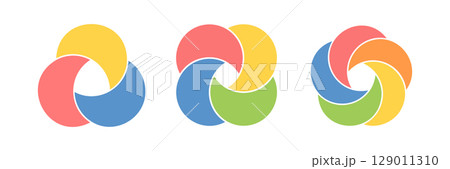 Circle Venn diagram infographic icon set. Graphic chart. Three, four and five balance circle diagram. Overlap design element. Business process chart. Vector illustration isolated on white background 129011310