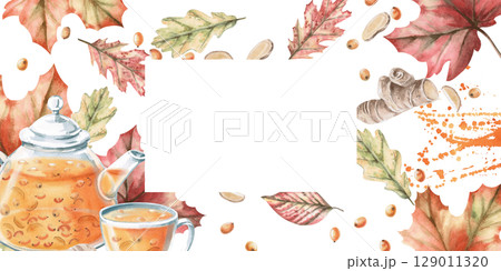 Rectangular frame with sea buckthorn-ginger tea, autumn leaves and berries. Isolated watercolor illustration on the theme of warming drinks for the design of a seasonal menu, culinary blogs. Rectangular frame with sea buckthorn-ginger tea, autumn leaves and berries. Isolated watercolor illustration on the theme of warming drinks for the design of a seasonal menu, culinary blogs. 129011320