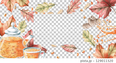 Rectangular frame with sea buckthorn-ginger tea, autumn leaves and berries. Isolated watercolor illustration on the theme of warming drinks for the design of a seasonal menu, culinary blogs. 129011320
