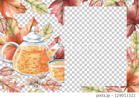 Rectangular frame with teapot with sea buckthorn tea, autumn leaves and ginger. Isolated watercolor illustration on the theme of warming drinks for the design of a seasonal menu, culinary blogs. 129011322