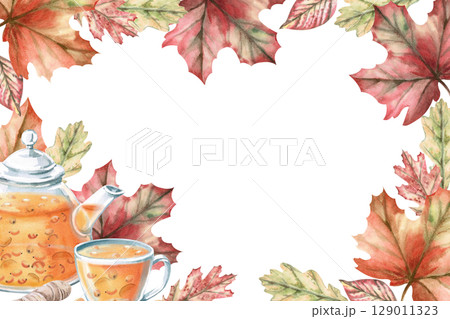 Rectangular frame with teapot and cup with sea buckthorn tea and autumn leaves. Isolated watercolor illustration on the theme of warming drinks for the design of a seasonal menu, culinary blogs. 129011323