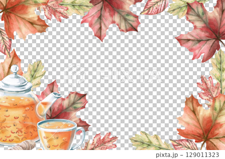 Rectangular frame with teapot and cup with sea buckthorn tea and autumn leaves. Isolated watercolor illustration on the theme of warming drinks for the design of a seasonal menu, culinary blogs. Rectangular frame with teapot and cup with sea buckthorn tea and autumn leaves. Isolated watercolor illustration on the theme of warming drinks for the design of a seasonal menu, culinary blogs. 129011323