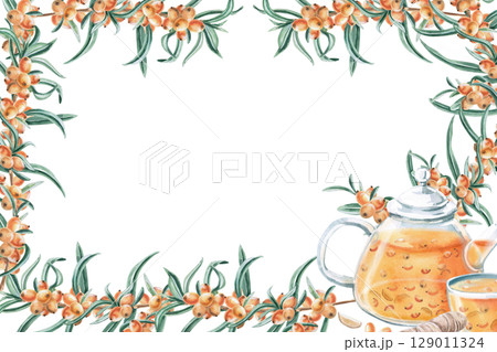 Rectangular frame with teapot and cup with sea buckthorn tea and ginger. Isolated watercolor illustration on the theme of warming drinks for the design of a seasonal menu, culinary blogs. 129011324