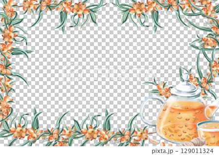 Rectangular frame with teapot and cup with sea buckthorn tea and ginger. Isolated watercolor illustration on the theme of warming drinks for the design of a seasonal menu, culinary blogs. 129011324
