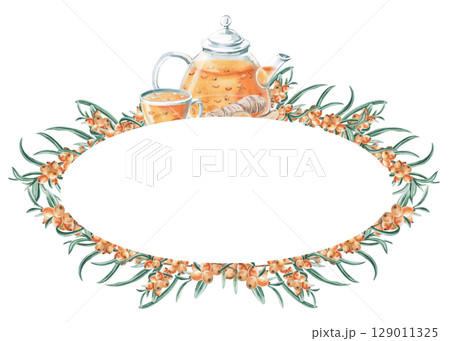 Oval frame with teapot and cup with sea buckthorn tea and ginger. Isolated watercolor illustration on the theme of warming drinks for the design of a seasonal menu, culinary blogs. Oval frame with teapot and cup with sea buckthorn tea and ginger. Isolated watercolor illustration on the theme of warming drinks for the design of a seasonal menu, culinary blogs. 129011325